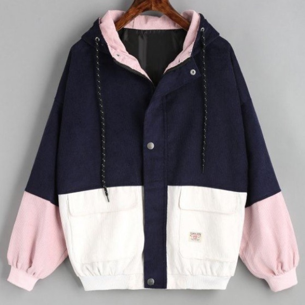 Hooded Color Block Corduroy Oversized Jacket, Navy Blue White and Pink